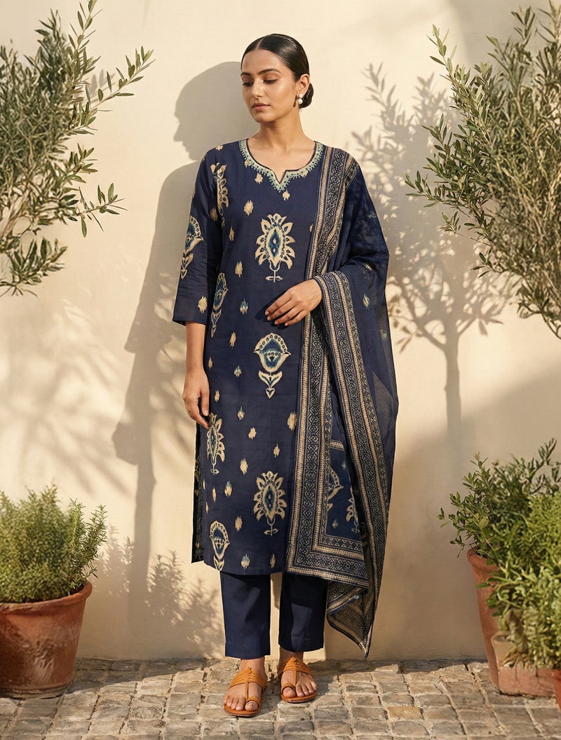 trueBrowns طقم كورتا بنطال دوباتا مزين بتطريز أزرق من trueBrowns مع ياقة على شكل V - Image 1